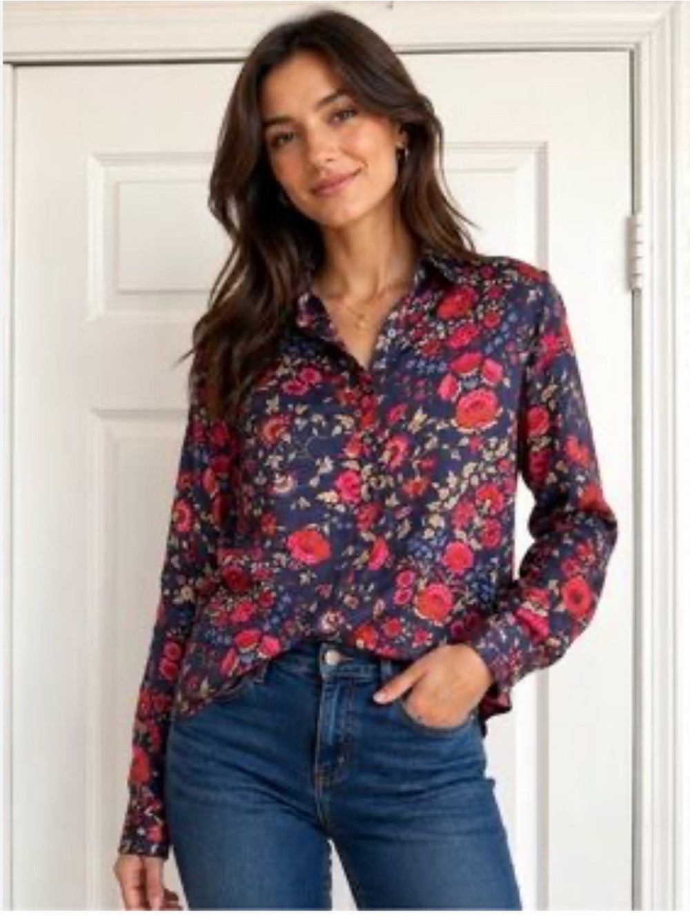 Ralph Lauren Navy Button-Down Shirt with Red Floral Print
